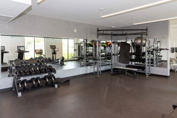 A gym with a variety of equipment including weights and cardio machines.